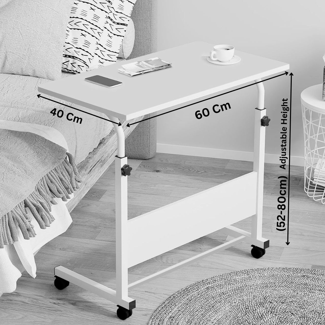 Torche ironwood Multipurpose Height Adjustable Movable Table for Computer & Laptop Table with Wheels (Small-Pearl White)