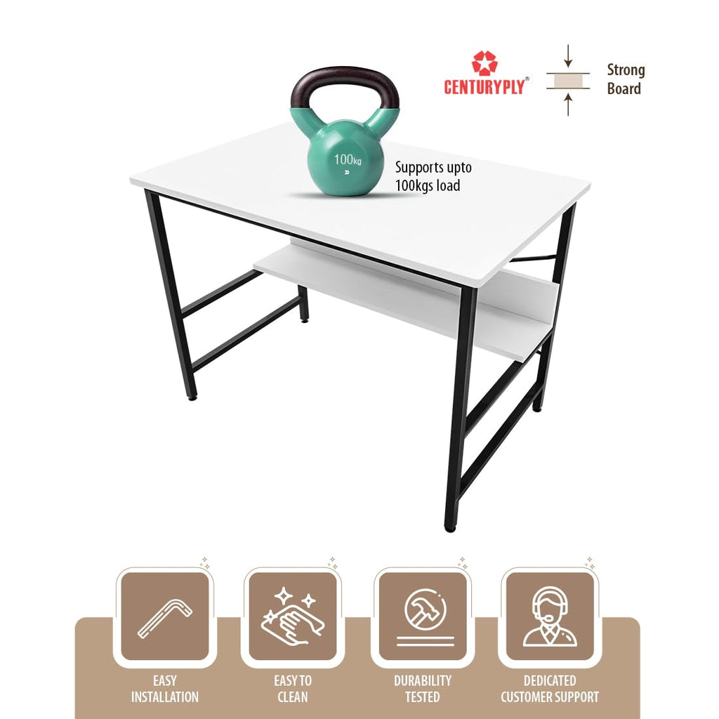 Ark Office Desk and Study Table | 1 Year Warranty | Metal and Century Engineered Wood Desk for Adults & Students (White)