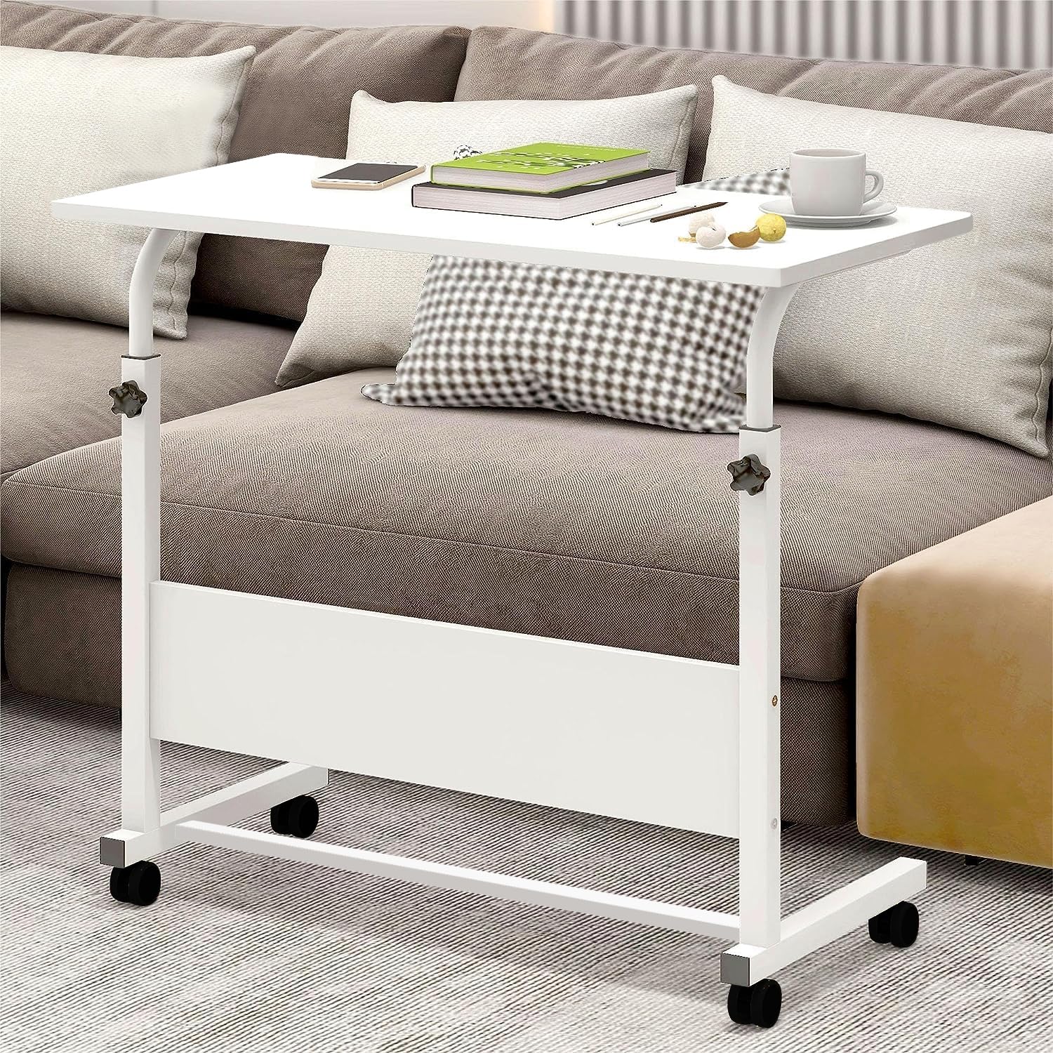 Torche ironwood Multipurpose Height Adjustable Movable Table for Computer & Laptop Table with Wheels (Small-Pearl White)